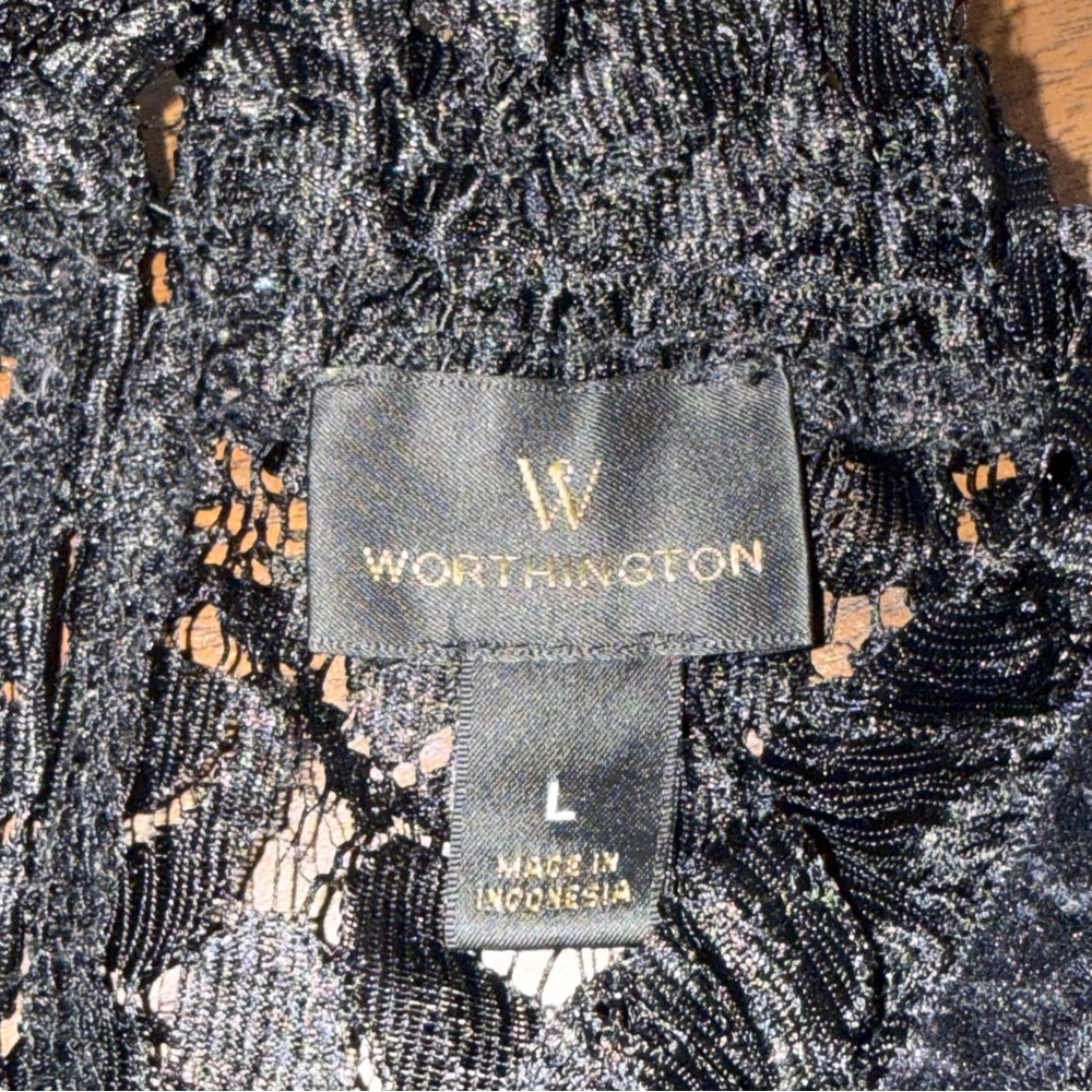 Worthington Black Lace Sleeveless Blouse Ruffle Neck Sheer Floral L - Picture 5 of 7